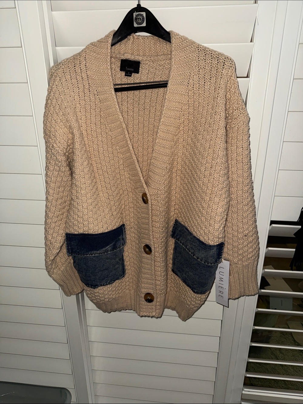 NWT - Lumiere Cream Knit Cardigan with Denim Pocket Details.